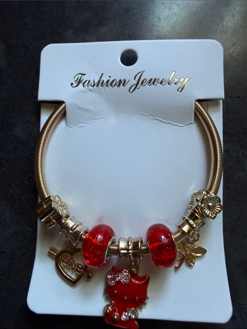 Fashion Jewelry Gold-Tone Bracelet with Red Beads and Kitty Charm